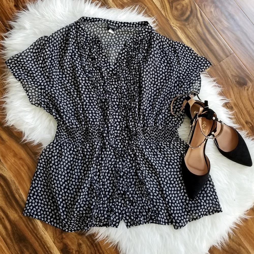 Torrid Sheer Ruffle Front Skull Print Blouse